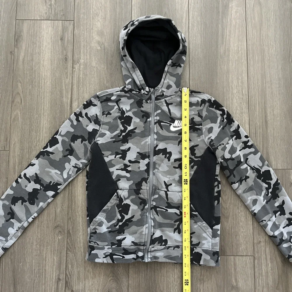 Nike Full Zip Sweatshirt Hoodie Boys L Gray/Black Camo Pockets Fleece Cotton